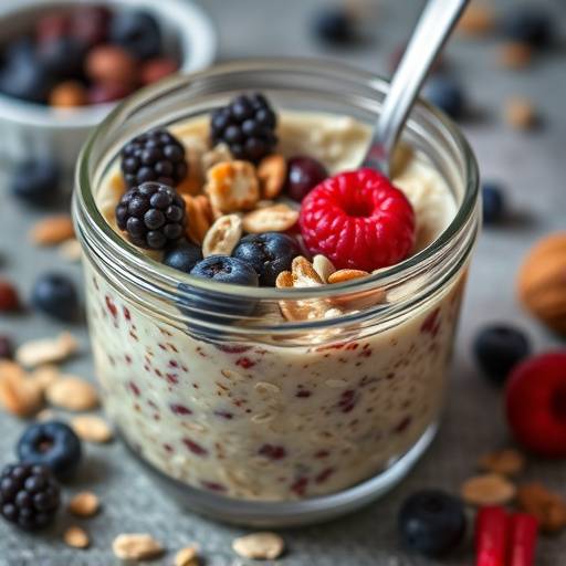 A close-up shot of a bowl of overnight oats with berries and nuts, representing a quick and healthy breakfast option