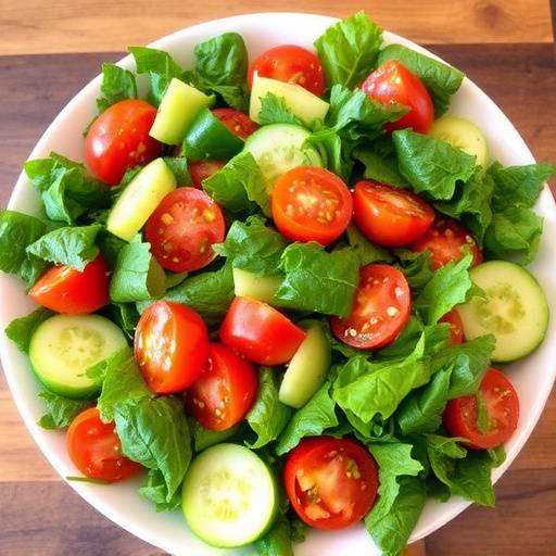 A colorful mixed green salad with tomatoes, cucumbers, and a light vinaigrette dressing.