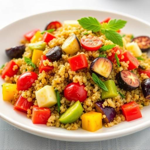 A colorful quinoa salad with roasted vegetables, including bell peppers, zucchini, and red onion, drizzled with a light vinaigrette.