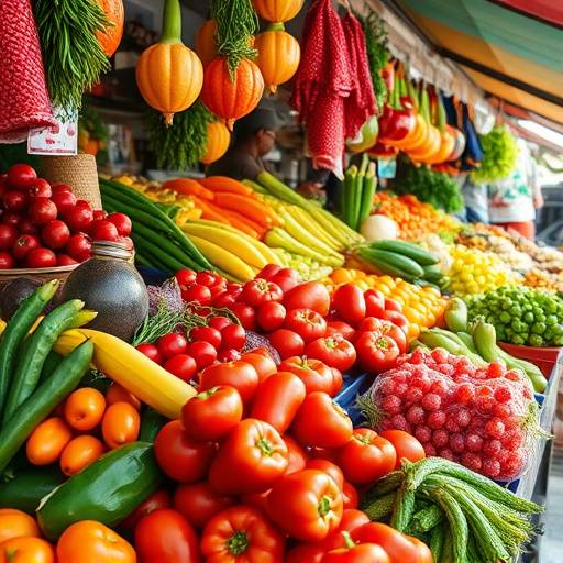 A diverse range of fruits and vegetables displayed at a market.