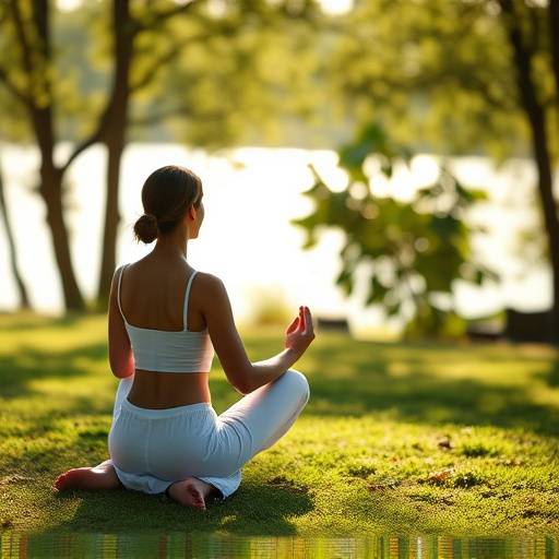 A person meditating in a peaceful outdoor setting, symbolizing mental wellness and stress reduction