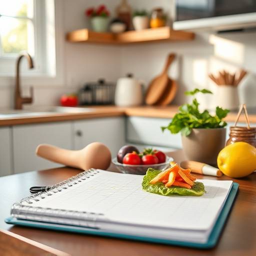 A person planning meals with a notebook and healthy food ingredients.