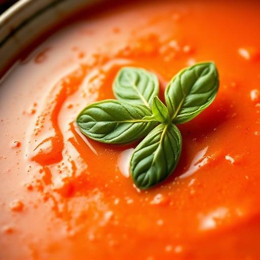 Close-up of a bowl of creamy tomato soup with basil garnish