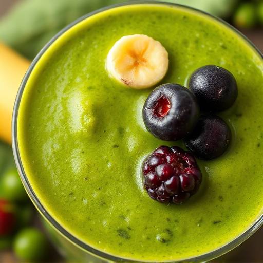 Close-up shot of a vibrant green smoothie in a glass with fresh spinach, banana, and berries on the side, highlighting the natural ingredients.