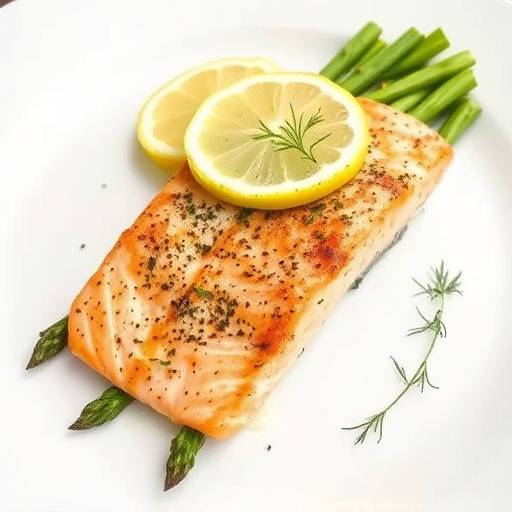 Overhead shot of a baked salmon fillet with asparagus spears and lemon wedges, served on a white plate with a sprig of dill.