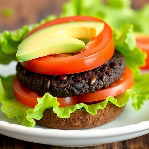 Plate of black bean burgers with lettuce, tomato, and avocado slices.
